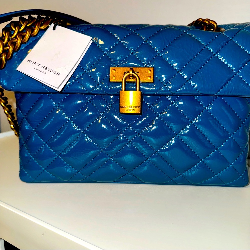 Kurt Geiger Quilted Patent Leather Shoulder Bag in Teal with Gold Hardware
